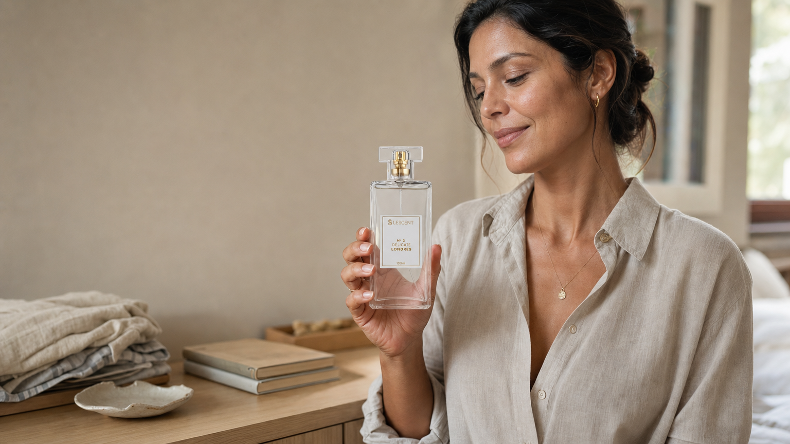 Mulher segurando o frasco de perfume Lescent Nº 2 Délicate Londres 100ml em frente à cômoda do quarto