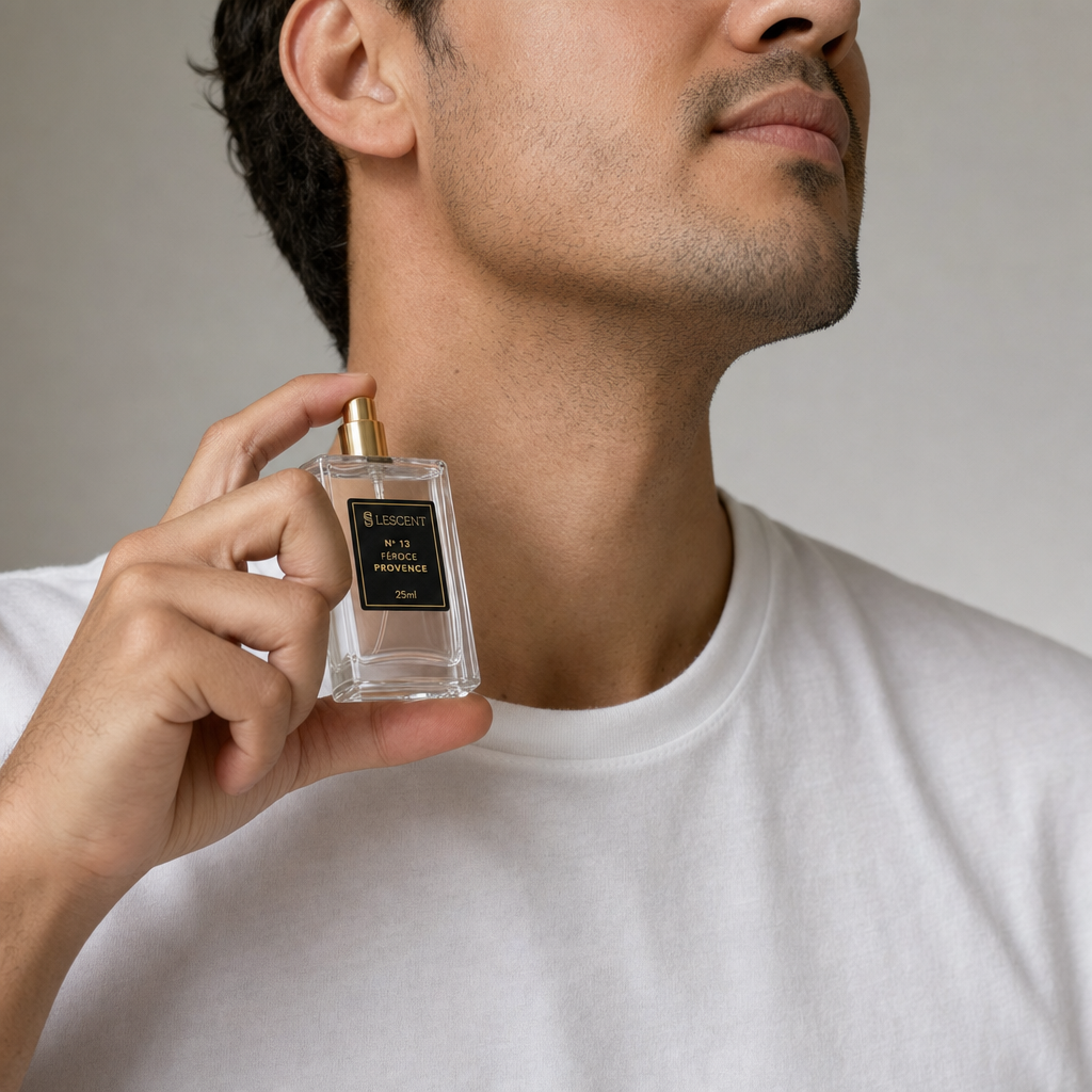 Homem aplicando o perfume Nº 13 Féroce Provence da Lescent no pescoço