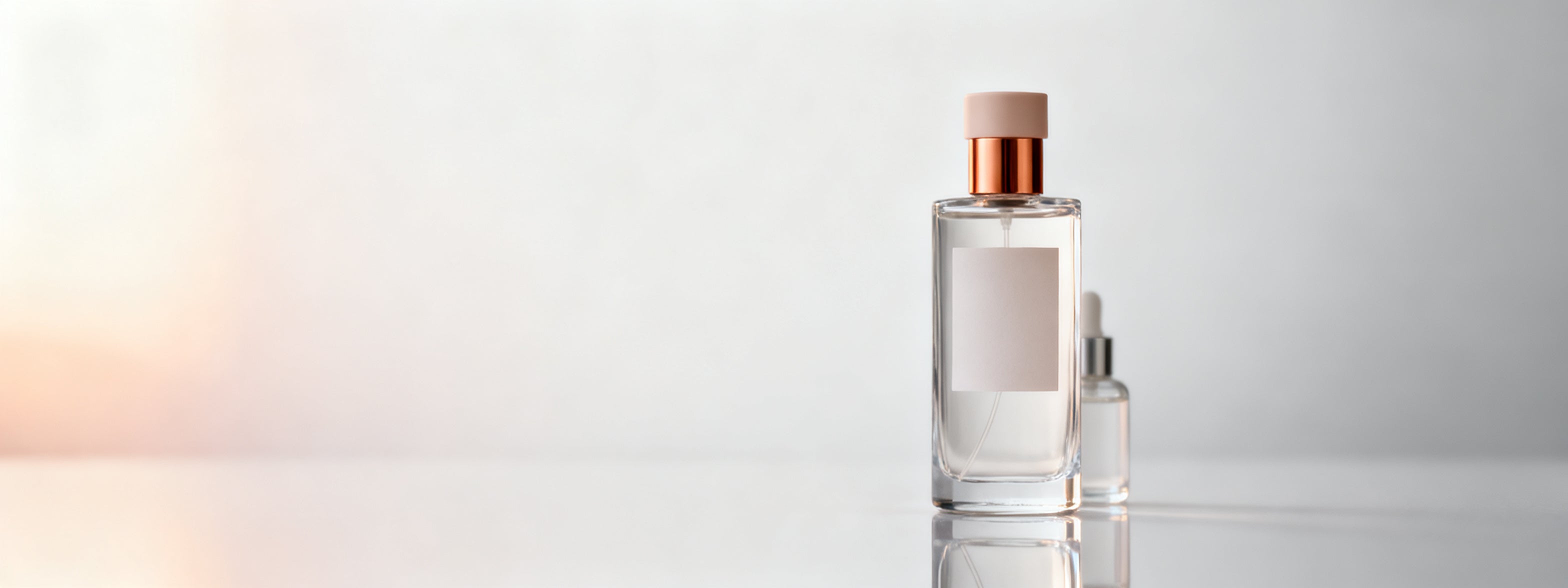 Frasco de perfume feminino Lescent de 100ml em luz suave e quente sobre fundo claro