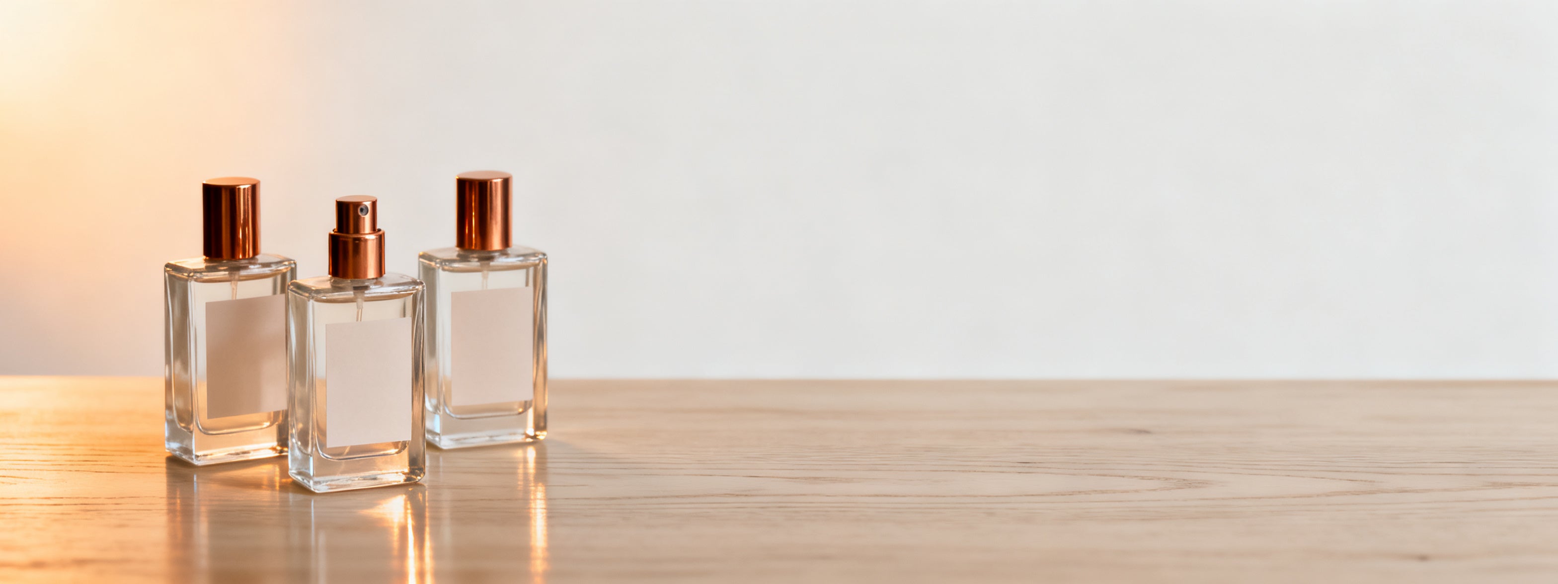 Tres frascos de perfume amadeirado Lescent sobre superficie de madeira clara