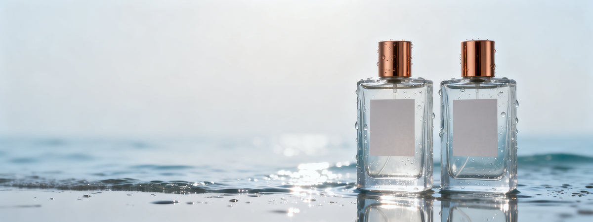 Dois frascos de perfume aquatico Lescent sobre superficie de agua com respingos
