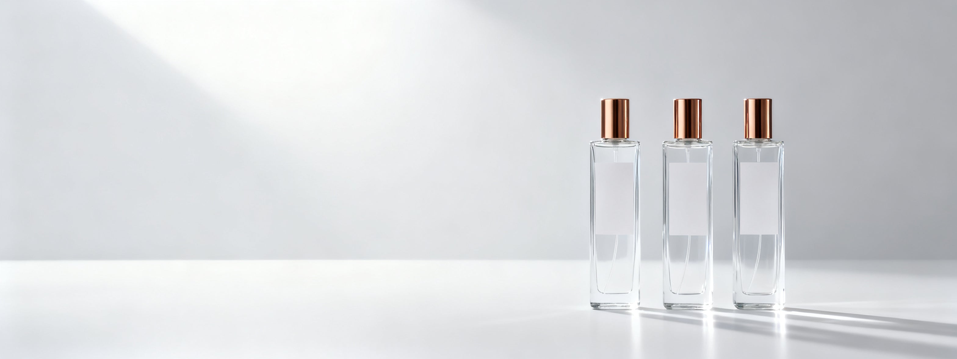 Tres frascos de perfume citrico e fresco Lescent em luz clara e alta