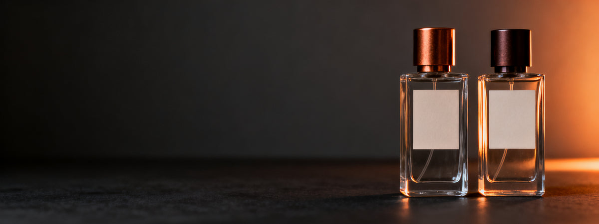 Dois frascos de perfume oriental Lescent com tampa bronze em luz lateral quente