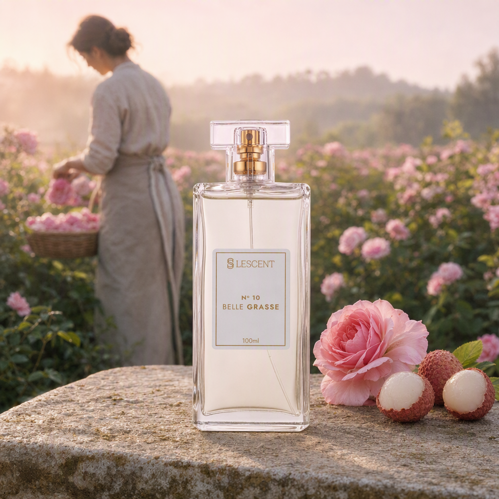 Perfume Lescent Nº 10 Belle Grasse 100ml em roseiral de Grasse, com rosa turca e lichias