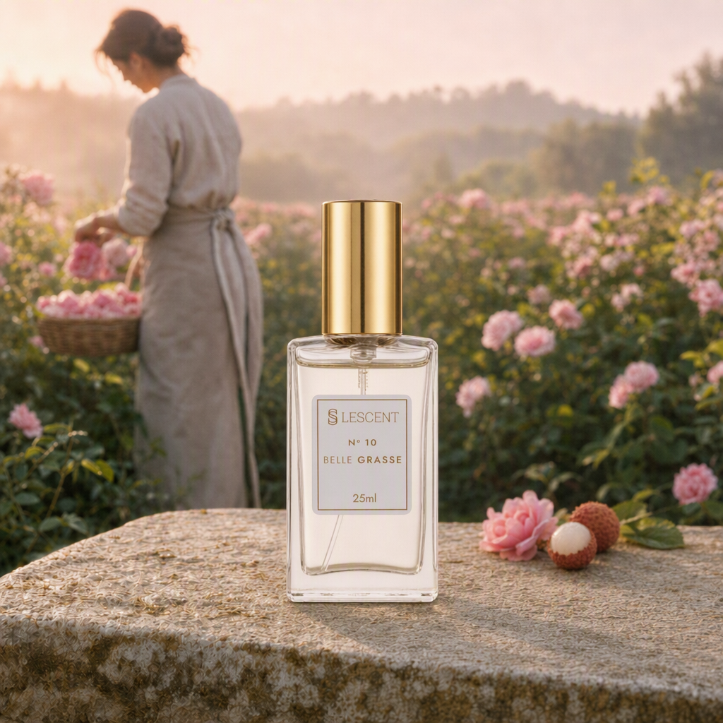 Perfume Lescent Nº 10 Belle Grasse 25ml em roseiral de Grasse, com rosa turca e lichias