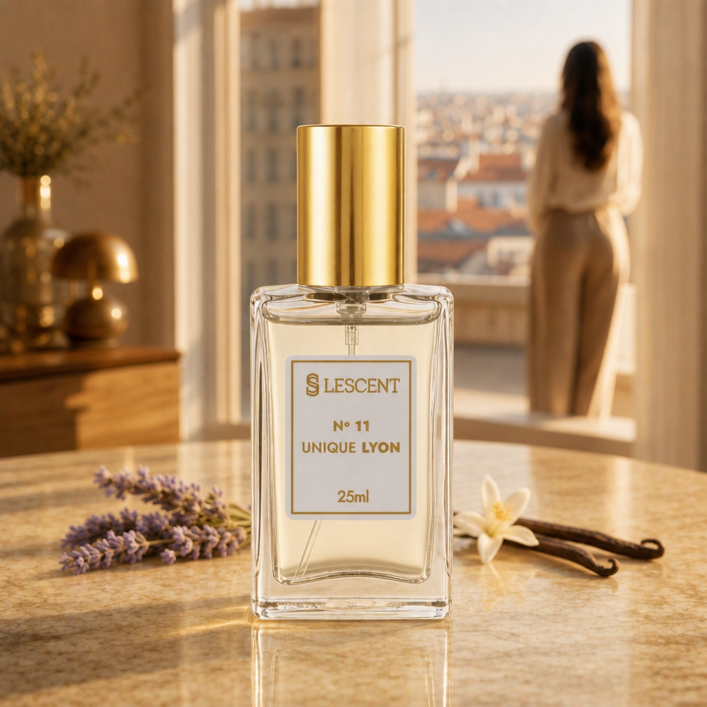 Perfume Lescent Nº 11 Unique Lyon 25ml em janela sobre os telhados de Lyon, com lavanda e favas de baunilha