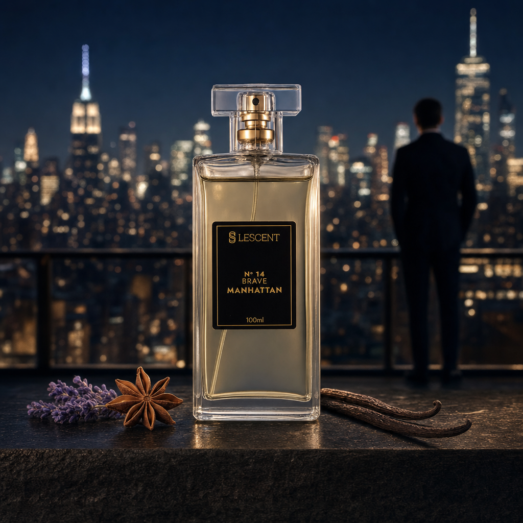 Perfume Lescent Nº 14 Brave Manhattan 100ml em rooftop de Manhattan à noite, com anis estrelado e lavanda