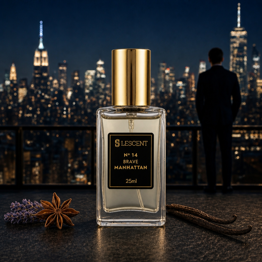 Perfume Lescent Nº 14 Brave Manhattan 25ml em rooftop de Manhattan à noite, com anis estrelado e lavanda