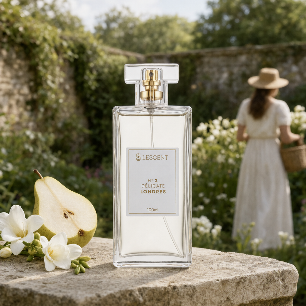 Perfume Lescent Nº 2 Délicate Londres 100ml em jardim inglês murado, com pera partida e frésias brancas