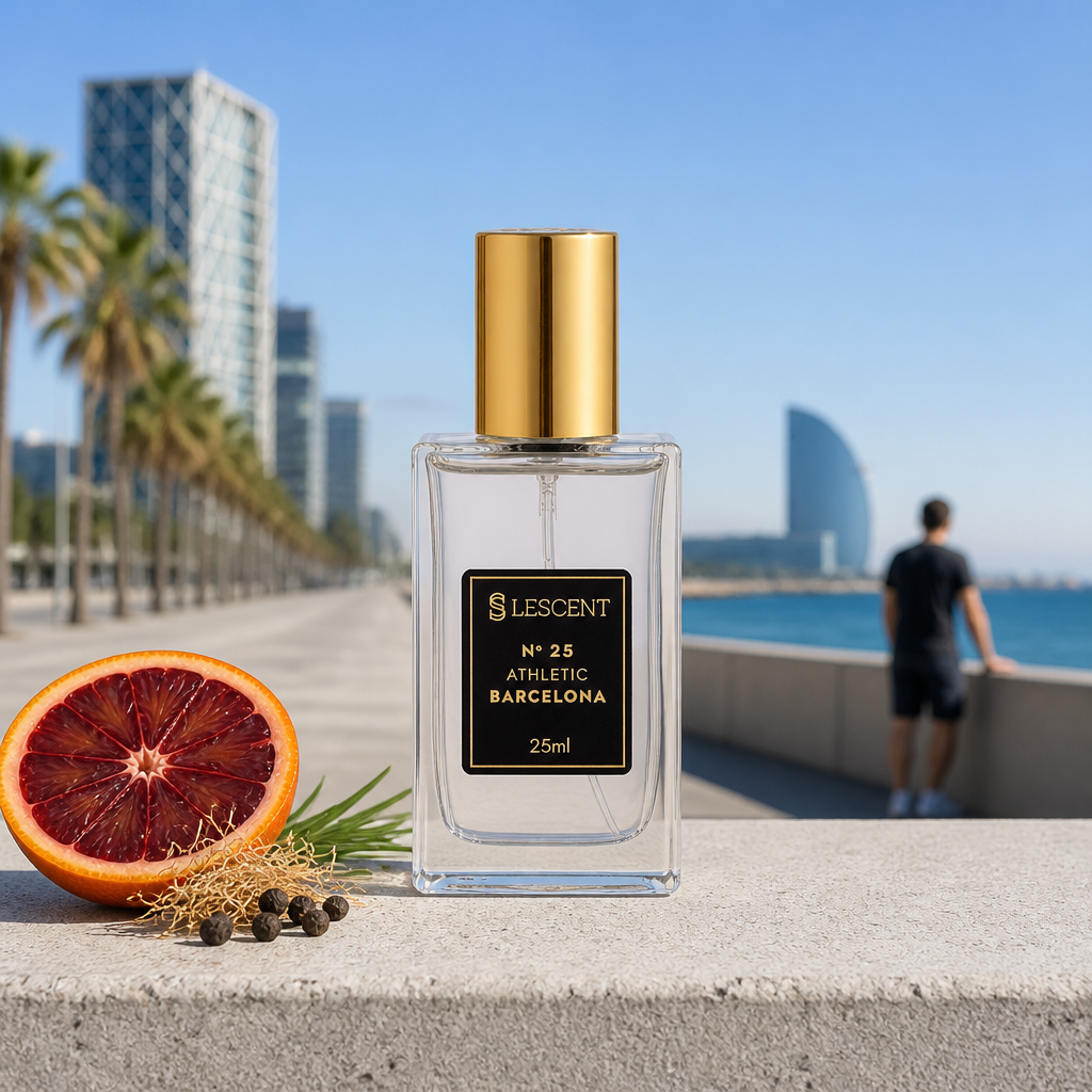 Perfume Lescent Nº 25 Athletic Barcelona 25ml em calçadão à beira-mar em Barcelona, com mandarina sanguínea e vetiver