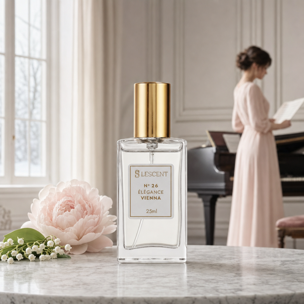 Perfume Lescent Nº 26 Élegance Vienna 25ml em sala de música em Viena, com lírio-do-vale e peônia