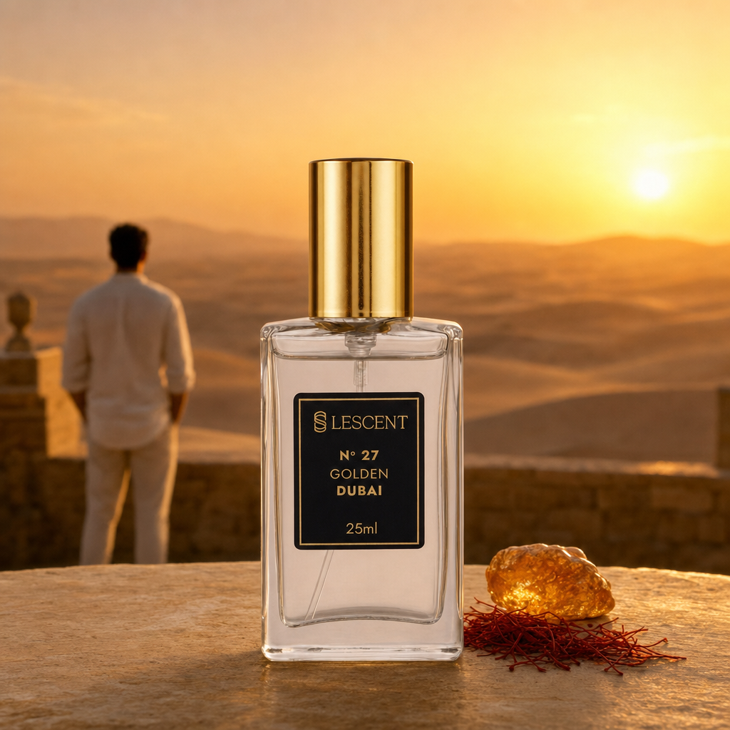 Perfume Lescent Nº 27 Golden Dubai 25ml na borda do deserto de Dubai ao anoitecer, com açafrão e resina de âmbar