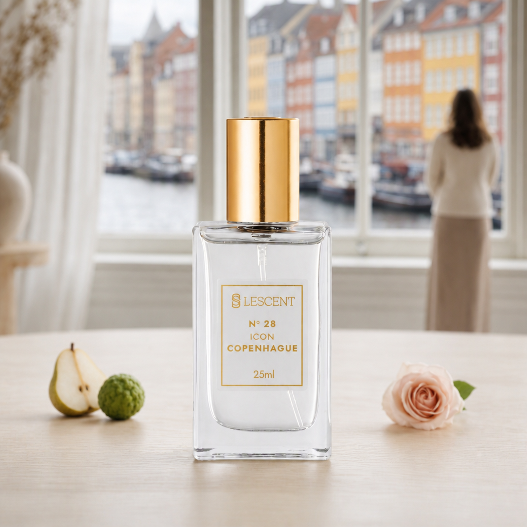 Perfume Lescent Nº 28 Icon Copenhague 25ml em janela sobre Nyhavn, com pera e bergamota