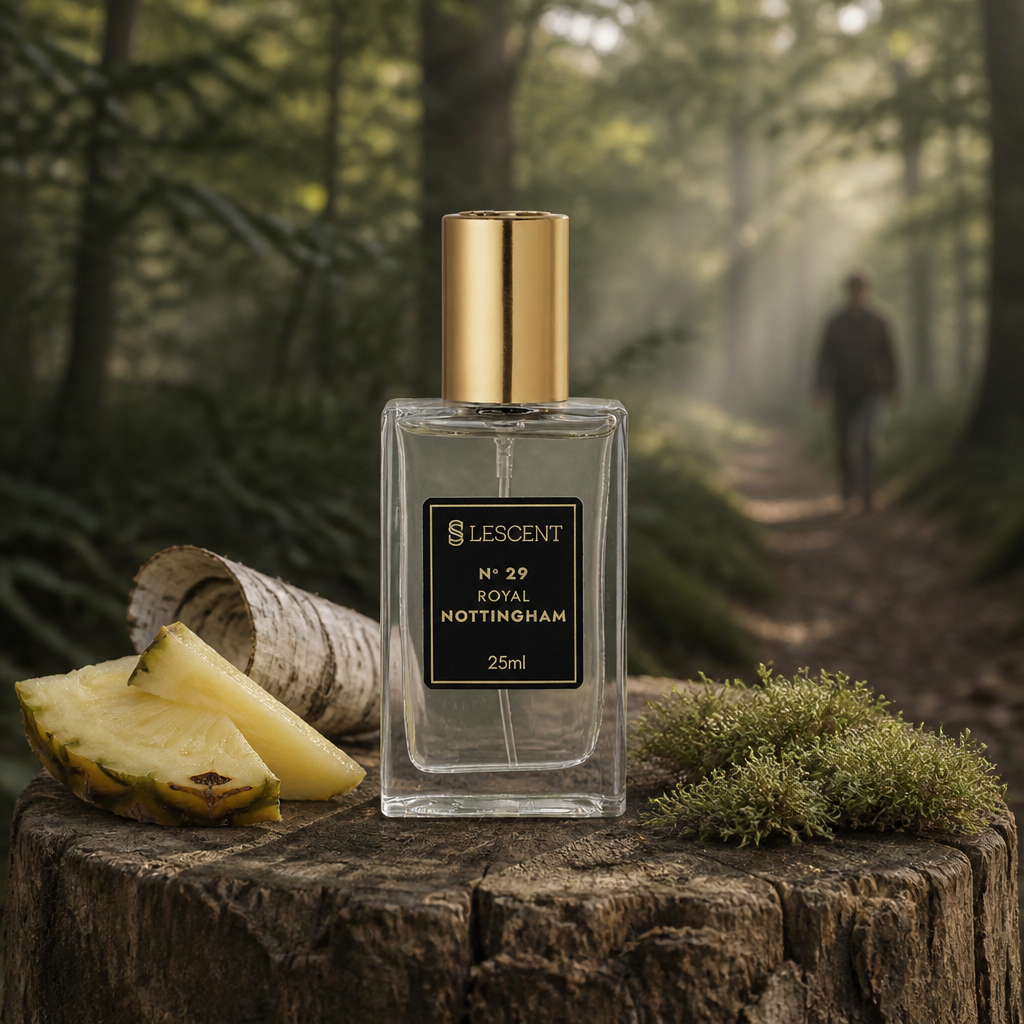 Perfume Lescent Nº 29 Royal Nottingham 25ml em clareira de floresta inglesa, com abacaxi e casca de bétula