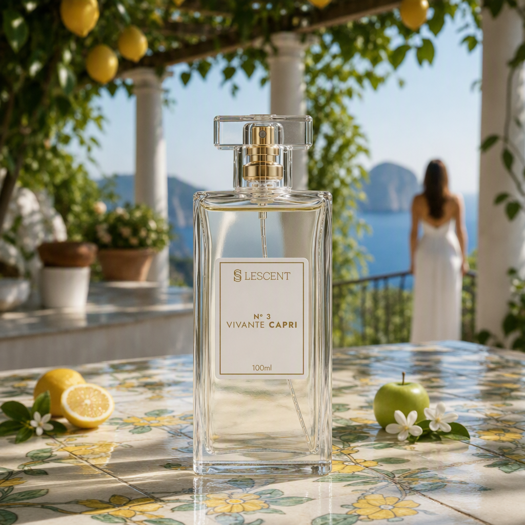 Perfume Lescent Nº 3 Vivante Capri 100ml em pergolado de limoeiros em Capri, com limão siciliano e maçã verde