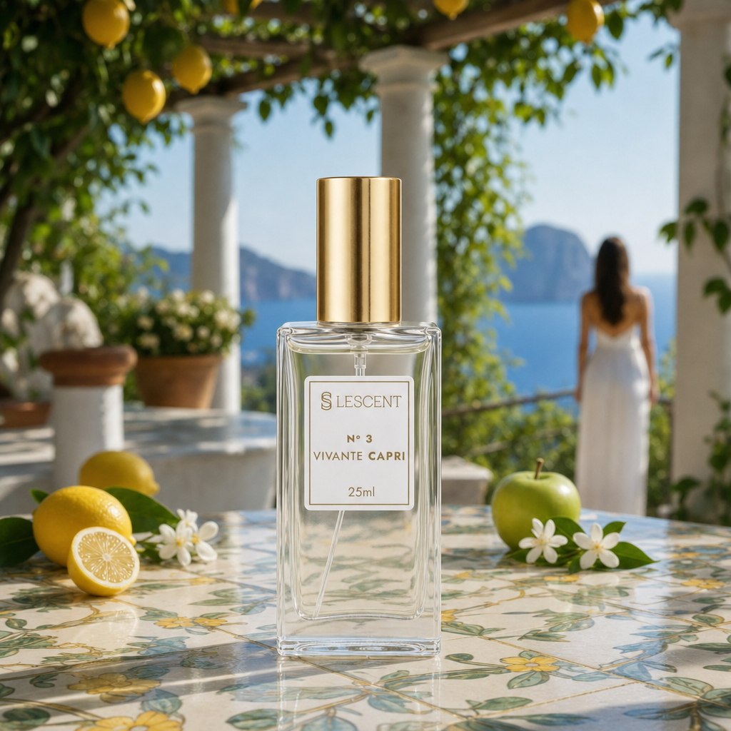 Perfume Lescent Nº 3 Vivante Capri 25ml em pergolado de limoeiros em Capri, com limão siciliano e maçã verde