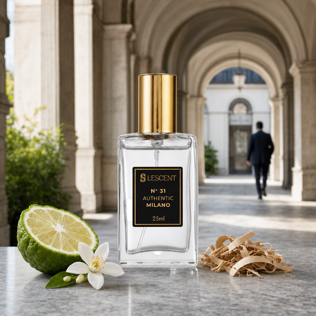 Perfume Lescent Nº 31 Authentic Milano 25ml em pátio milanês sob arcada, com bergamota e flor de laranjeira