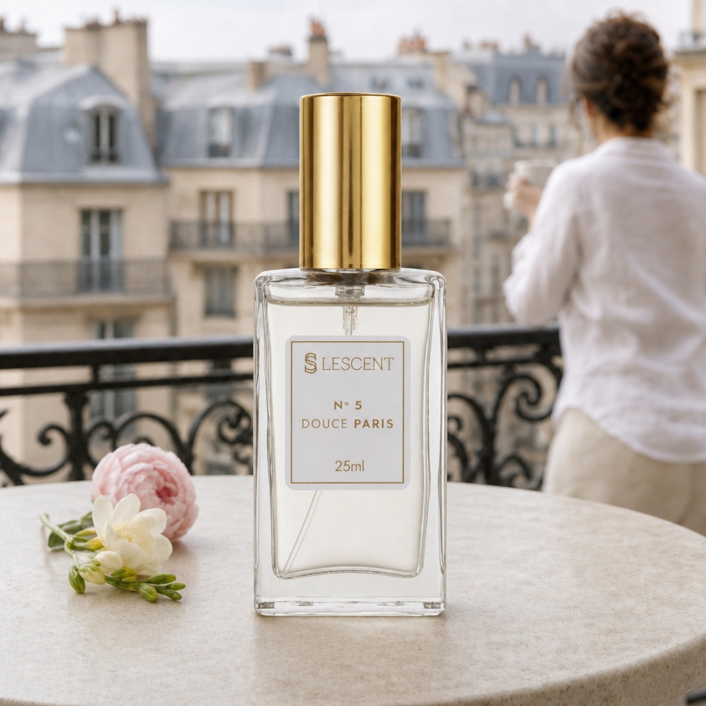 Perfume Lescent Nº 5 Douce Paris 25ml em varanda parisiense, com peônias e frésia