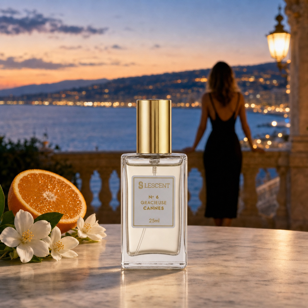 Perfume Lescent Nº 6 Gracieuse Cannes 25ml em mesa de mármore num terraço da Riviera Francesa, com meia laranja e flores de jasmim