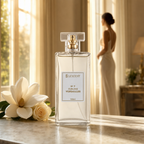 Perfume Lescent Nº 7 Sublime Versailles 100ml em console de mármore junto a janela alta, com magnólia branca e rosa creme