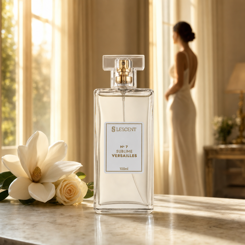 Perfume Lescent Nº 7 Sublime Versailles 100ml em console de mármore junto a janela alta, com magnólia branca e rosa creme