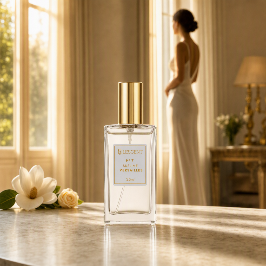 Perfume Lescent Nº 7 Sublime Versailles 25ml em console de mármore junto a janela alta, com magnólia e rosa creme